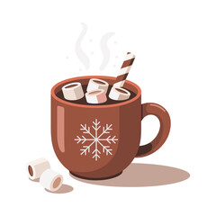 A steaming mug of hot chocolate with marshmallows and a candy cane rests on a surface.