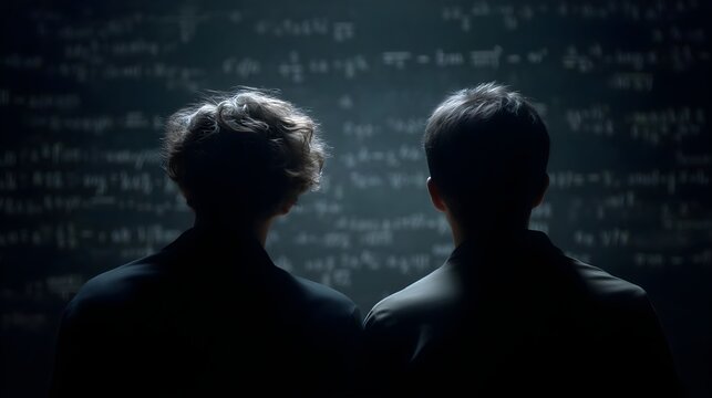 Two Individuals Analyzing Mathematical Equations in Dim Light