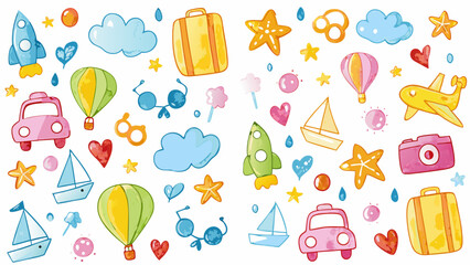 Hand drawn crayon pencil stroke doodle cars, airplanes, boats, hot air balloons, maps, cameras, and suitcases. Vector illustration