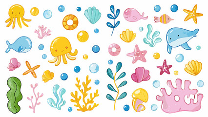 Hand drawn crayon pencil stroke doodle fish, whales, dolphins, seaweed, shells, coral, bubbles, and starfish. Vector illustration