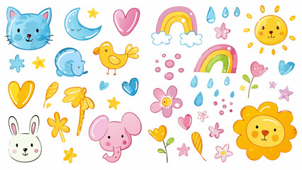 Hand drawn crayon pencil stroke doodle cats, dogs, rabbits, foxes, elephants, lions, and birds. Vector illustration