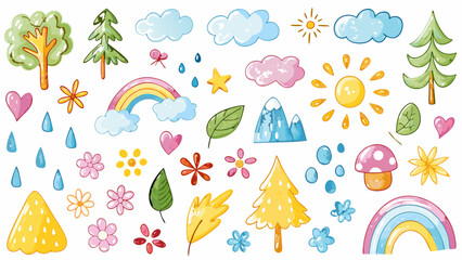 Hand drawn crayon pencil stroke doodle trees, flowers, leaves, mountains, sun, rain, snowflakes, mushrooms, butterflies, birds, and rainbows. Vector illustration