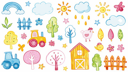 Hand drawn crayon pencil stroke doodle tractors, cows, chickens, sheep, pigs, trees, and fences. Vector illustration