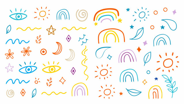 Naklejki Line icon cute element set. Doodle line color icon, abstract lines, sunbursts, eyes, leaves, moons, and rainbows. Vector illustration