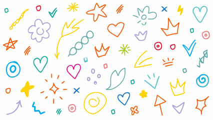 Line icon cute element set. Doodle line color icon, decorative arrow, cloud, crown, sparkle and flower. Vector illustration.