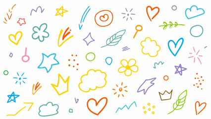 Line icon cute element set. Doodle line color icon, decorative arrow, cloud, crown, sparkle and flower. Vector illustration