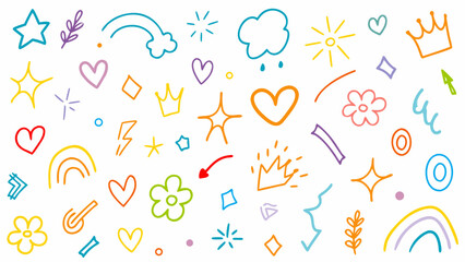 Line icon cute element set. Doodle line color icon, decorative arrow, cloud, crown, sparkle and flower. Vector illustration  