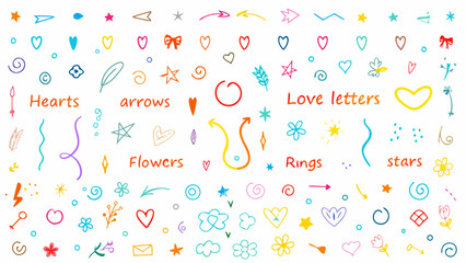 Line icon cute element set. Doodle line color icon, hearts, arrows, love letters, flowers, rings, stars, and affectionate symbols. Vector illustration
