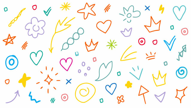 Naklejki Line icon cute element set. Doodle line color icon, decorative arrow, cloud, crown, sparkle and flower. Vector illustration.
