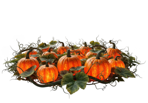 Autumn pumpkins and leaves arrangement isolated on transparent background