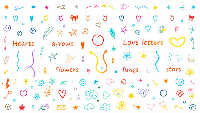 Naklejki Line icon cute element set. Doodle line color icon, hearts, arrows, love letters, flowers, rings, stars, and affectionate symbols. Vector illustration