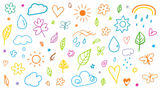 Naklejki Line icon cute element set. Doodle line color icon, leaves, flowers, trees, sun, clouds, raindrops, mountains, stars, and butterflies. Vector illustration