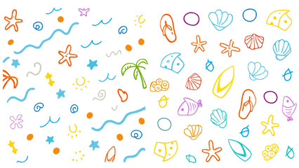 Line icon cute element set. Doodle line color icon, waves, seashells, fish, starfish, sun, palm trees, flip-flops, and surfboards. Vector illustration