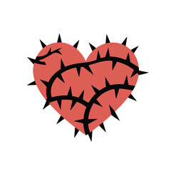 A stylized red heart is entangled with thorns and sharp spikes, symbolizing pain or difficult emotions.