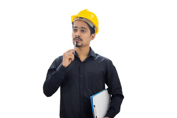 Indian engineer thinking of ideas holding clipboard and pen