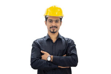 Confident Indian engineer wearing hard hat smiling at camera