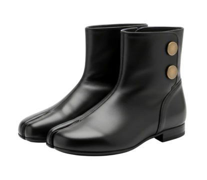 Black leather ankle boots with gold buttons transparent background cutout png