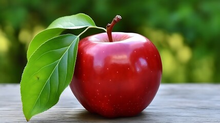Vibrant, ripe red apple with fresh green leaves rests on a rustic wooden surface, evoking natural health and wholesome goodness for your projects.