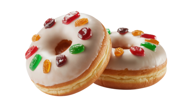 Two delicious frosted donuts with colorful candy sprinkles arranged closely together on a transparent background isolated on transparent background