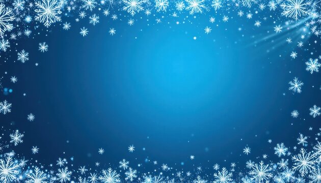 A winter-themed background featuring a gradient blue color with delicate snowflakes scattered around the edges.