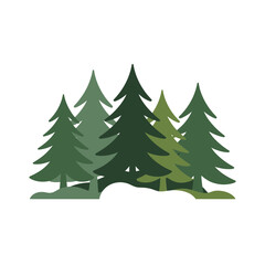A group of stylized evergreen trees stands together in a forest.