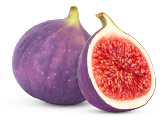 Purple fig fruit isolated with half of fig on white background, clipping path, full depth of field