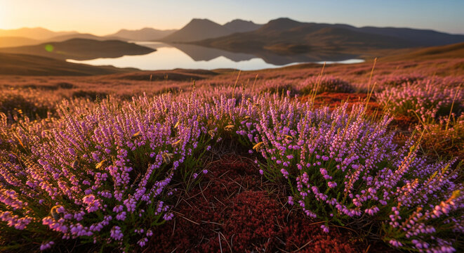 Vast Landscape of Blooming Purple Heather at Sunset
A breathtaking, wide-angle landscape photograph captures an expansive field of vibrant purple heather (or wildflowers)