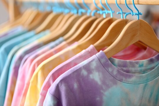Colorful tiedye shirts hang on wooden hangers with blue plastic hooks on a clothing rack