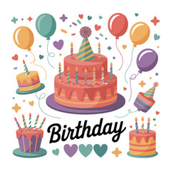 A festive illustration celebrating birthdays with cakes, balloons, and confetti.