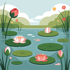 Serene pond with blooming water lilies and surrounding green landscape.
