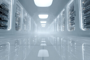 Inside a Modern High-Tech Data Center Featuring Rows of Glowing Servers, Highlighting Technology, Connectivity, and Digital Infrastructure