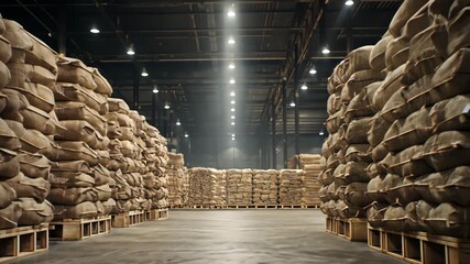 Warehouse interior with stacks of sacks on pallets in a storage area, Rows of sacks in a large warehouse storage facility, 4k video - Powered by Adobe