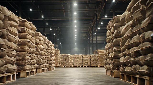 Warehouse interior with stacks of sacks on pallets in a storage area, Rows of sacks in a large warehouse storage facility, 4k video