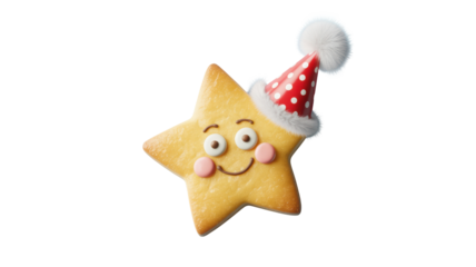 A cute and cheerful cartoon star shaped cookie wearing a festive red and white polka dot santa hat isolated on transparent background