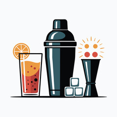 A cocktail shaker with a glass, ice cubes, and a jigger, ready to make drinks.