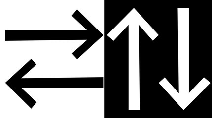 Versatile set of highly stylized, geometric arrows in both black and white, isolated on a split background for light/dark UI/UX applications; this image for graphic design, UI, UX. 