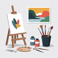 An artist's easel displays a colorful abstract painting next to art supplies.