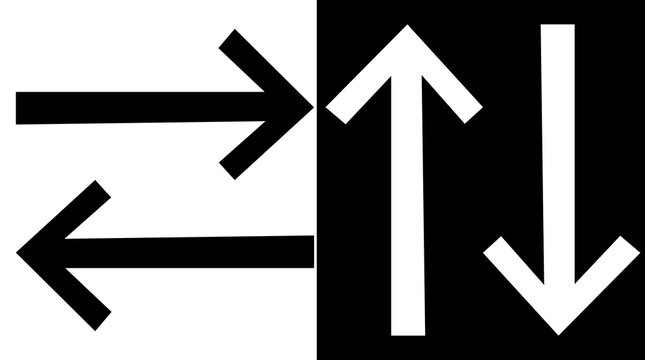 Versatile set of highly stylized, geometric arrows in both black and white, isolated on a split background for light/dark UI/UX applications; this image for graphic design, UI, UX. 
