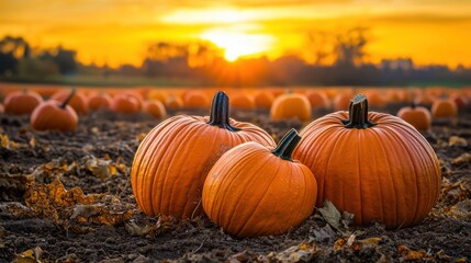 Pumpkins in field at sunset