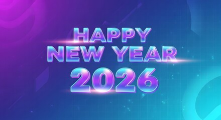 Happy new year 2026 glowing holographic text with vibrant purple and blue gradient background and light effects