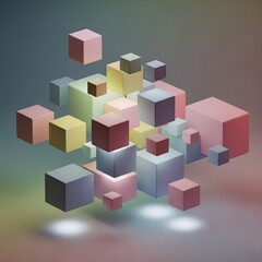 Obraz premium Abstract arrangement of colorful translucent geometric cubes floating in a gradient background with soft light illumination