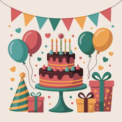 A festive birthday cake sits surrounded by gifts, balloons, and party hats, celebrating a special occasion.