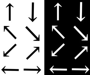 Versatile collection of directional arrows in black and white, isolated on a split background for seamless integration into light and dark mode UI/UX applications; this image for graphic design PNG.