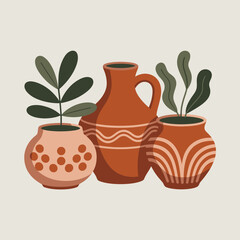 Three terracotta pots with plants are displayed against a neutral background.