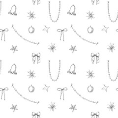 Seamless vector pattern with bows, garlands, bells, and ornaments. Illustration of Background for Christmas wrapping paper or Xmas festive stationery. Backdrop for vintage winter surface design.