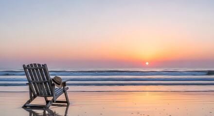 Empty wooden beach chair facing the ocean sunrise with gentle waves and soft sky colors