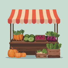 A charming farmer's market stall displays fresh vegetables and pumpkins.