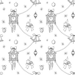 Seamless vector pattern with clocks, bells, and candles. Illustration of background for Christmas wrapping paper or Xmas nostalgic winter textiles. Backdrop for festive vintage surface design.