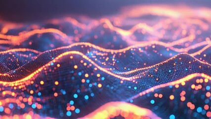 Abstract data network with glowing particles forming digital waves - Powered by Adobe