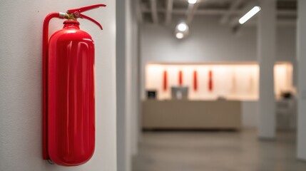 Red fire extinguisher mounted on a white wall in a modern building interior safety equipment close up shot